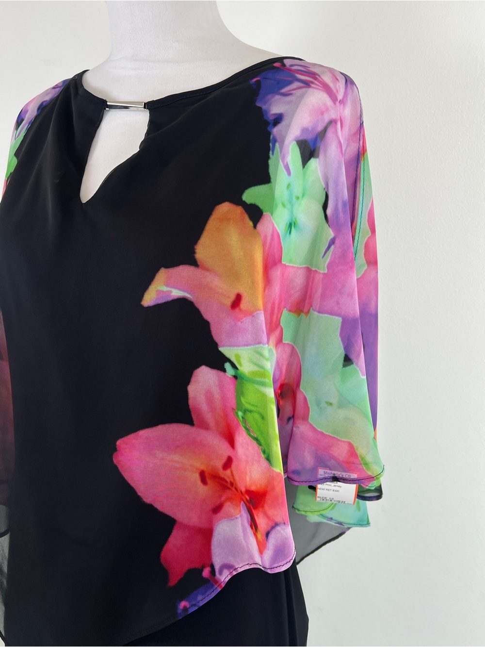 NWT! Joseph Ribkoff Black Dress Colorful Floral Chiffon Butterfly Sleeve Size 10 - Picture 4 of 10